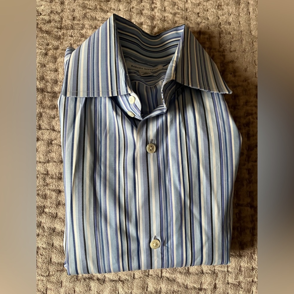 Banana Republic COTTON POPLIN DRESS SHIRT 17/17.5  XL blue grey white stripe